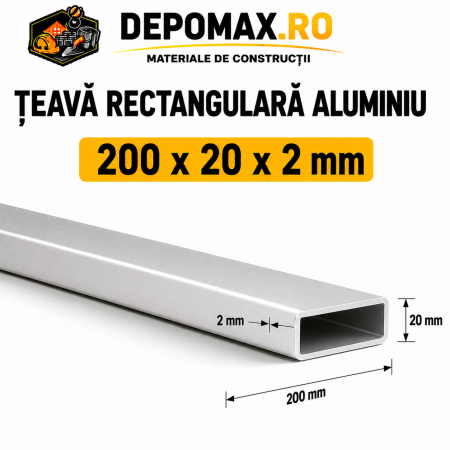 Teava rectangulara aluminiu 200 x 20 x 2 mm, 6 metri (EN AW-6060)